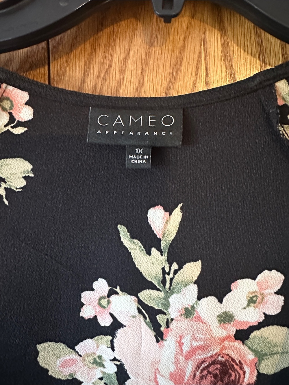 cameo Black Floral Tunic Top with Pink and Green Bouquet